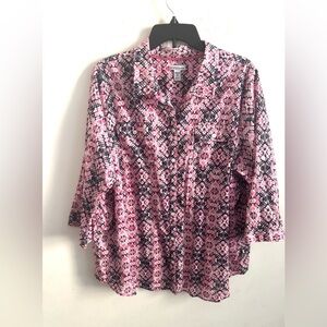 Croft & Barrow Womens Shirt Pink Button Up Print Size 2X Colorful Office Artsy